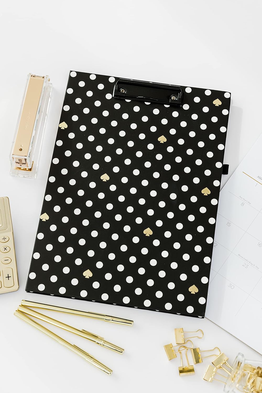Kate Spade New York Clipboard Folio with Low Profile Clip, Black Professional Padfolio Includes Lined Notepad, Pen Loop, and Pocket, Polka Dots
