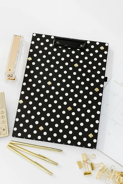 Kate Spade New York Clipboard Folio with Low Profile Clip, Black Professional Padfolio Includes Lined Notepad, Pen Loop, and Pocket, Polka Dots