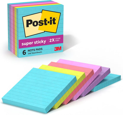 Post-it Super Sticky Notes, 6 Lined Sticky Note Pads, 4 x 4 in., School Supplies, Office Products, 2X the Sticking Power, Supernova Neons Collection