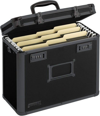 Vaultz File Organizer Storage Box - 14 x 7 x 12.19 Inch Letter Size, Portable Locking Storage Totes with Dual Combination Locks for Filing Office Documents - Black