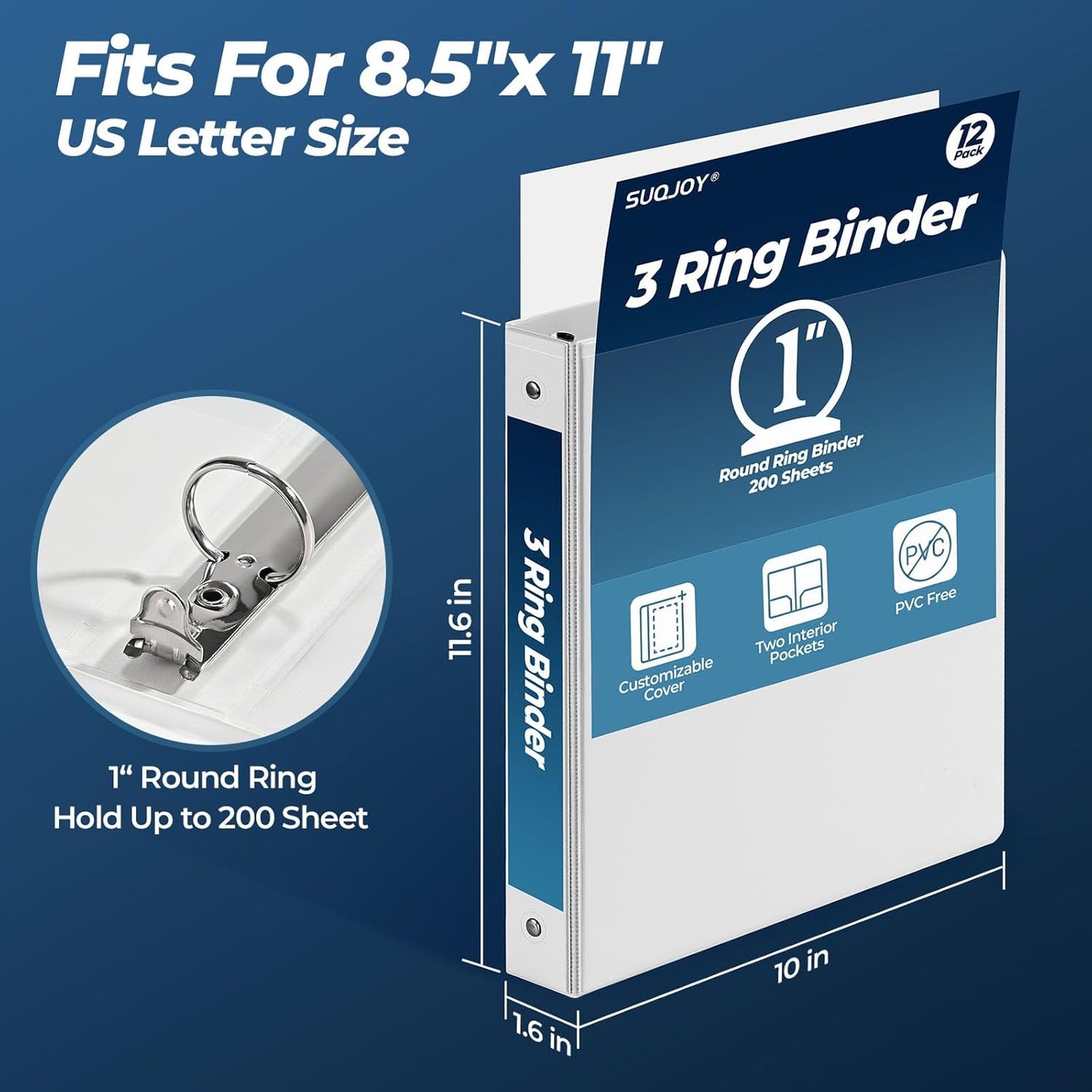 1 Inch 3 Ring Binders 24 Pack, Clear View Binder Bulk, White PVC-Free 3-Ring Binders for School, Office or Home, Fits 8.5 x 11 Inches Paper