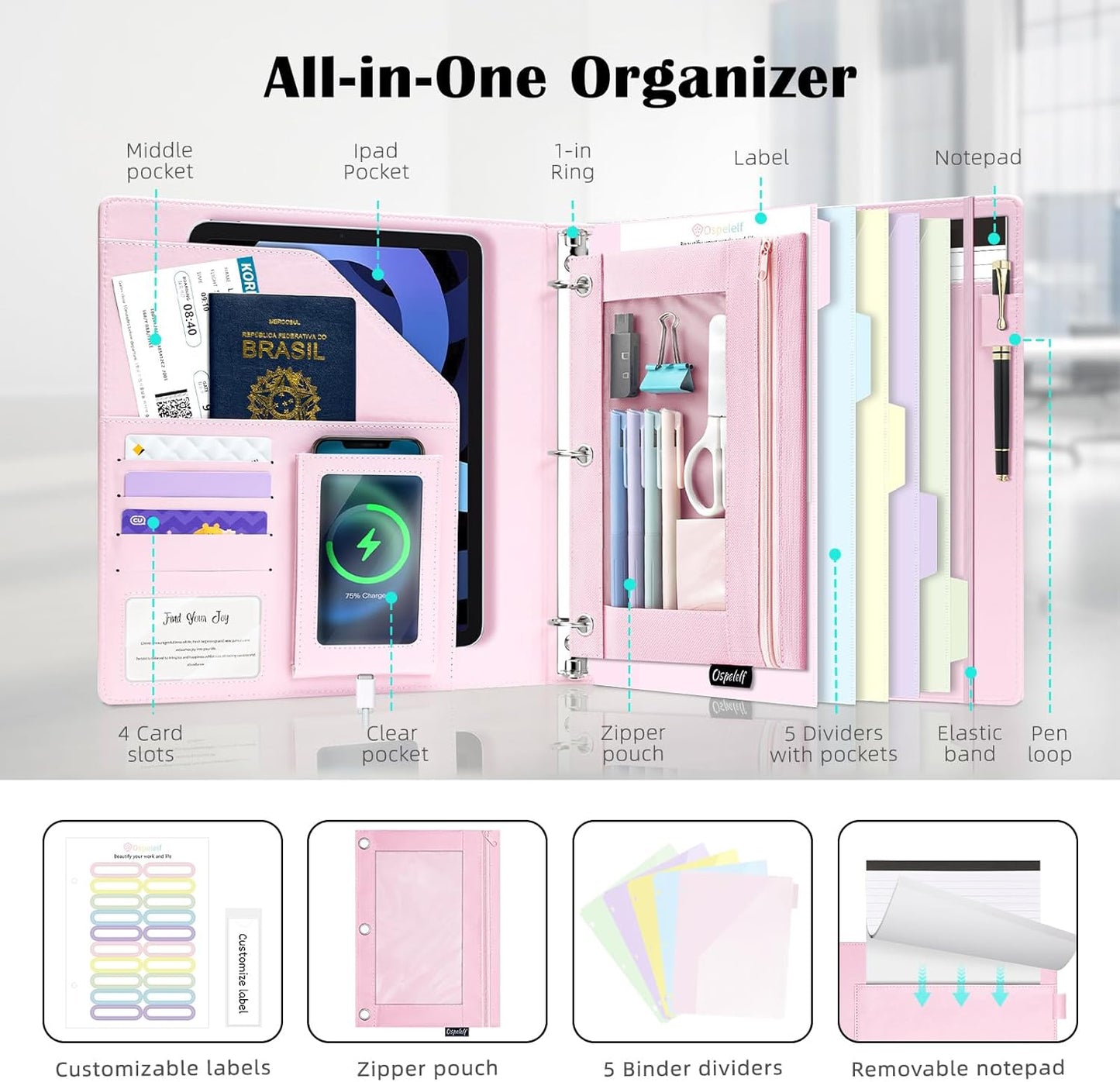 Ospelelf Glitter Leather Clipboard Binder 1 Inch, Magnetic Clipboard Folio Organizer with 5 Pocket Dividers & Zipper Pouch, Cute 3 Ring Document Organizer Binder for Office, Glitter Pink