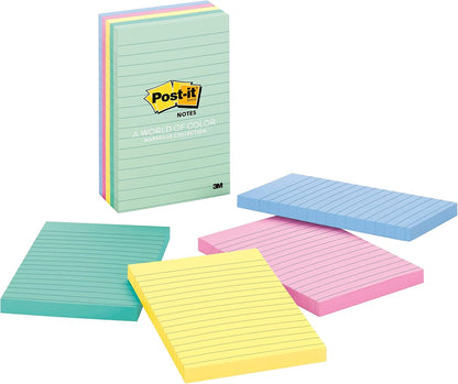 Post-it Notes, 4 in x 6 in, 5 Lined Sticky Note Pads, 100 Sheets per Pad, Beachside Café Collection, School Supplies and Office Products