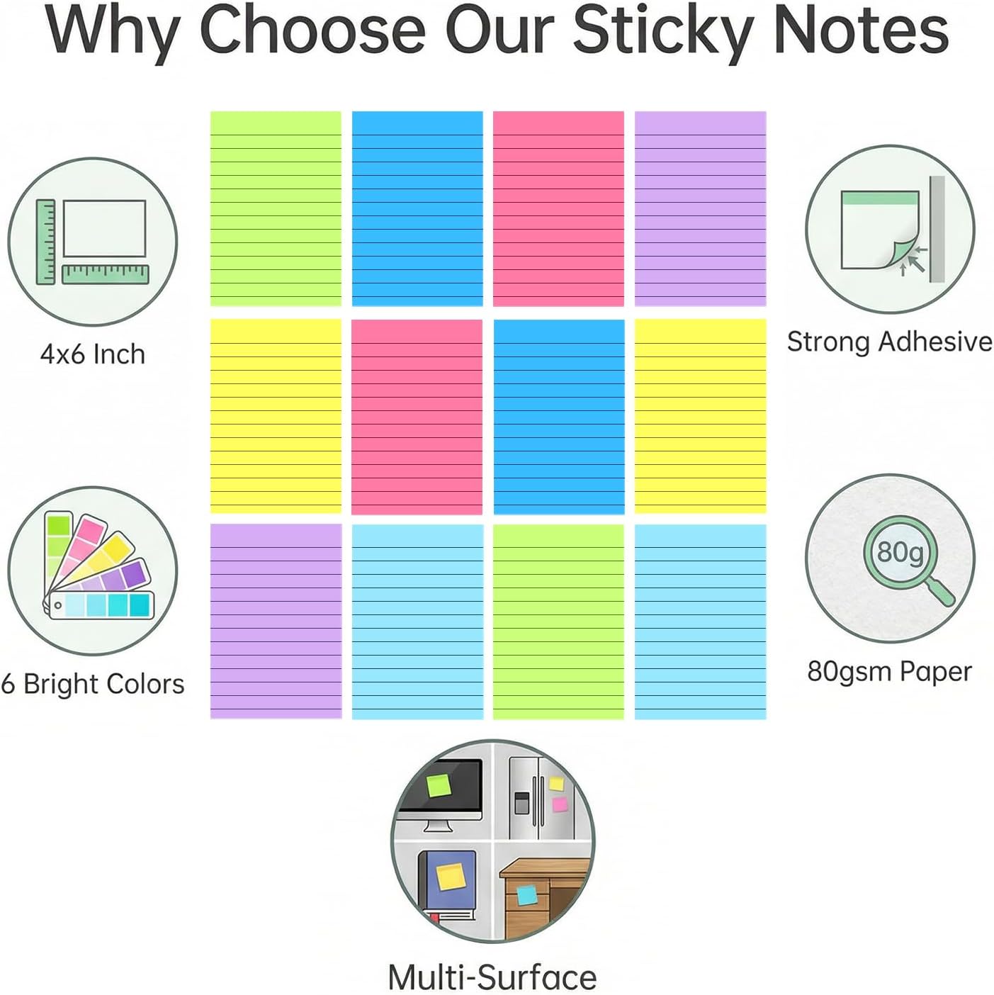 12 Pack Lined Sticky Notes 4x6 in Bright Colors Self-Stick Note Pads with Lines, Colorful Bulk Sticky Memo Pad for School, Office, Meeting