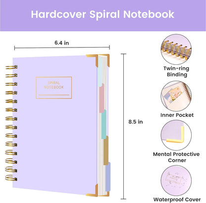 Hardcover Spiral Notebook with Tabs 8"x10" Large Spiral Lined Journals for Women with Dividers 240 Pages College Ruled Composition Notebook 5 Subject Notebook for Work, Back to School, Gifts, Purple