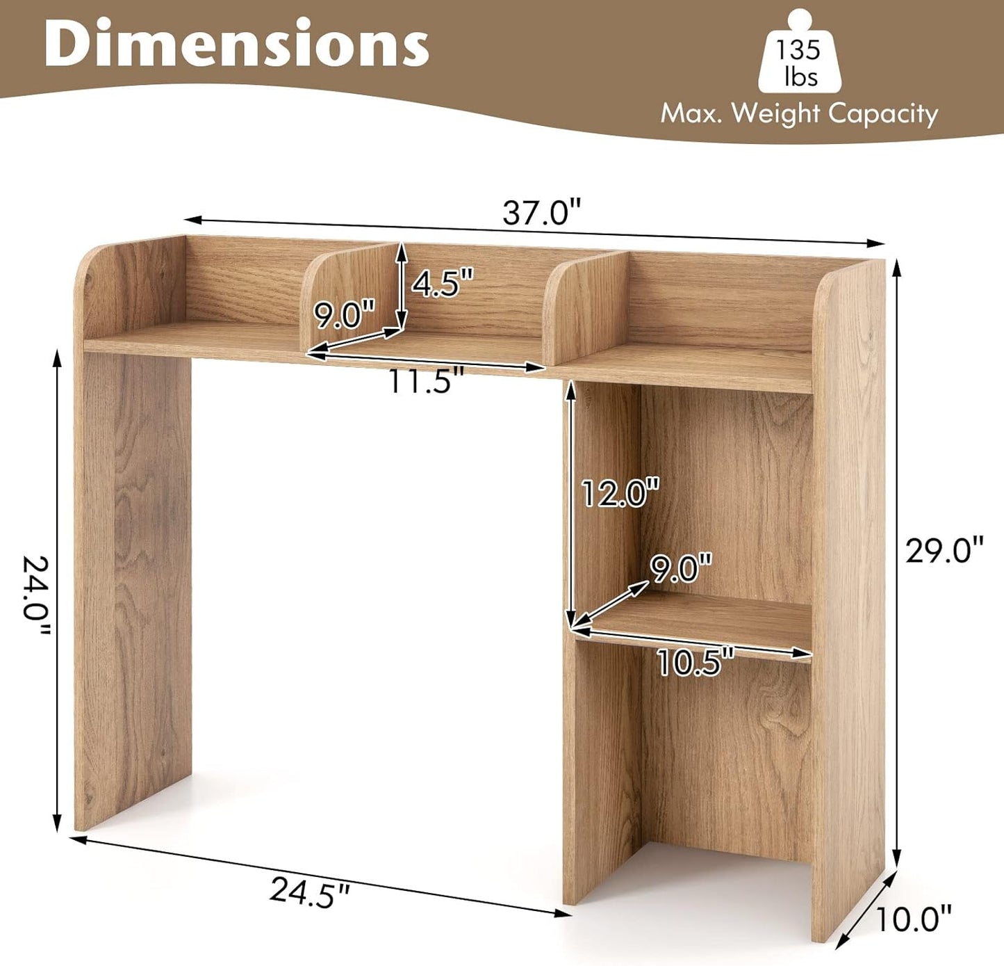 Tangkula Desktop Bookshelf, Countertop Storage Hutch with 5 Shelves for Computer Desk, Desk 3-Tier Display Rack, Multipurpose Wood Desktop Hutch Storage Organizer for Dorm Office Home