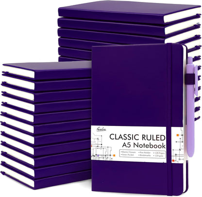 feela College Ruled Notebooks, 24 Pack Business Notebook Hardcover Lined Writing Journal with Pen Holder for Men Women Note Taking, with 24 Black Pens, 120 GSM, 5.1”x8.3”, A5, White