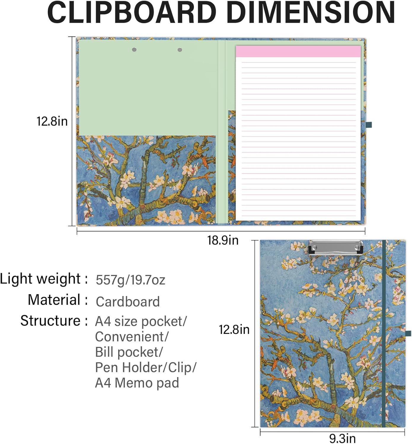 A4 Cute Clipboard Folio with Notepad Clipfolio and Interior Storage, Foldable Nursing Legal Size Clipboards for Work/Kids/Teachers - Almond Tree