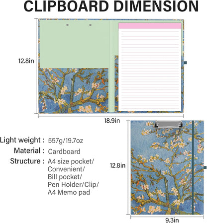 A4 Cute Clipboard Folio with Notepad Clipfolio and Interior Storage, Foldable Nursing Legal Size Clipboards for Work/Kids/Teachers - Almond Tree