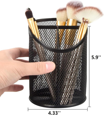 MINDEPOT 2 Pack Mesh Pencil Holder Pen Cup for Desk Round Black Pen Holder Desktop Pen Organizer 3 Compartments Pencil Organizer Desk Organizer for Office Home School