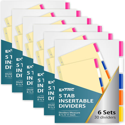5-Tab Binder Dividers for 3 Ring Binder, Insertable Clear Big Tabs, Letter Size Paper Divider, 8.5 x 11 inch, 6 Sets (30 Dividers Total)
