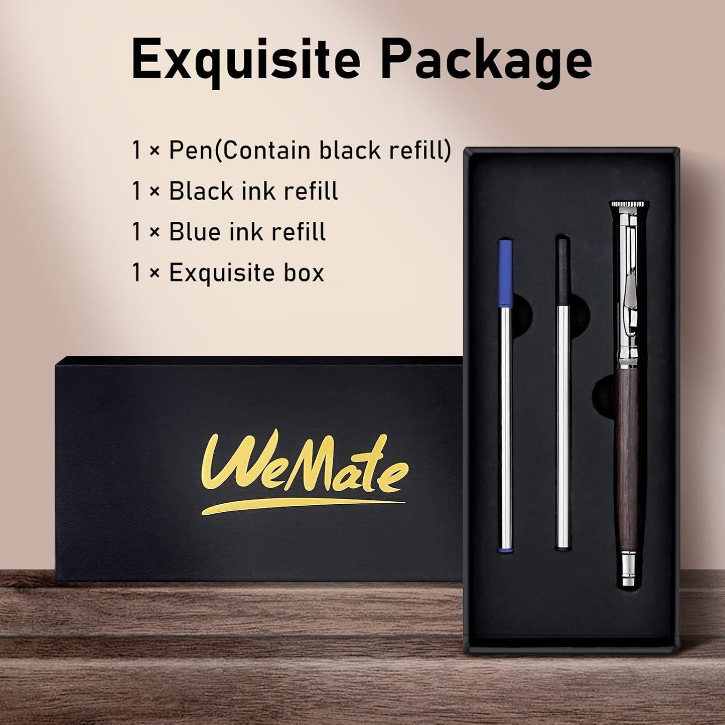 WEMATE Wood Rollerball Pen Set, Extra 2 Ink Refills(1 Black & 1 Blue), Fancy Writing Pen Nice Luxury Office Gift for Men, Professional and Executive, Cool Wooden Pen for Journaling - Red Padouk