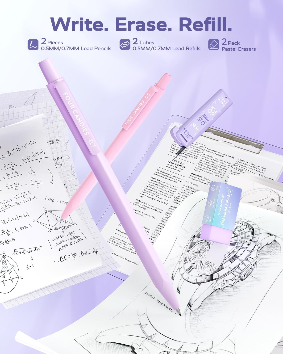 Four Candies Blue School Supplies, Gel Pens with Black Ink, Correction Tapes,Pastel Highlighters, Mechanical Pencils, Sticky Notes, Index Post for Bible Study Stationary College Essentials