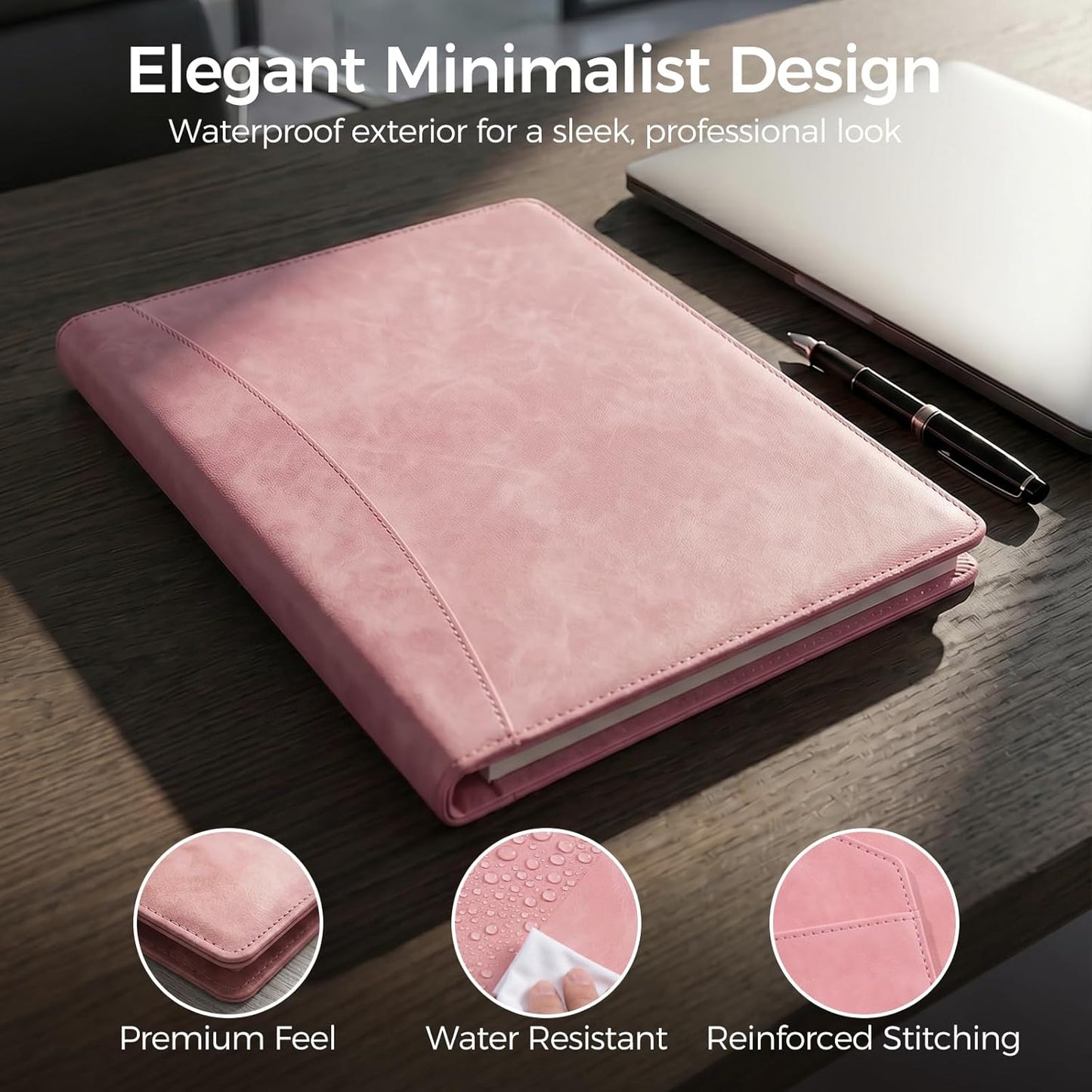 Koogel Padfolio Portfolio Folder, Leather Clipboard Portfolio Binder 13x10 inch Legal Writing Pad for Document Organizer Business Notepad Clip Boards for Women Office School Conference Meeting, Pink