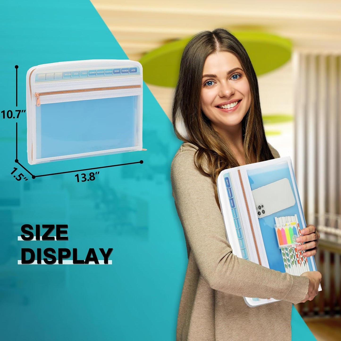 H4D 13 Pocket Expanding File Folder Organizer with Front Clear Pounch, Accordion File Organizer with Zipper Clourse, Fit for Letter Size Papers, Pink