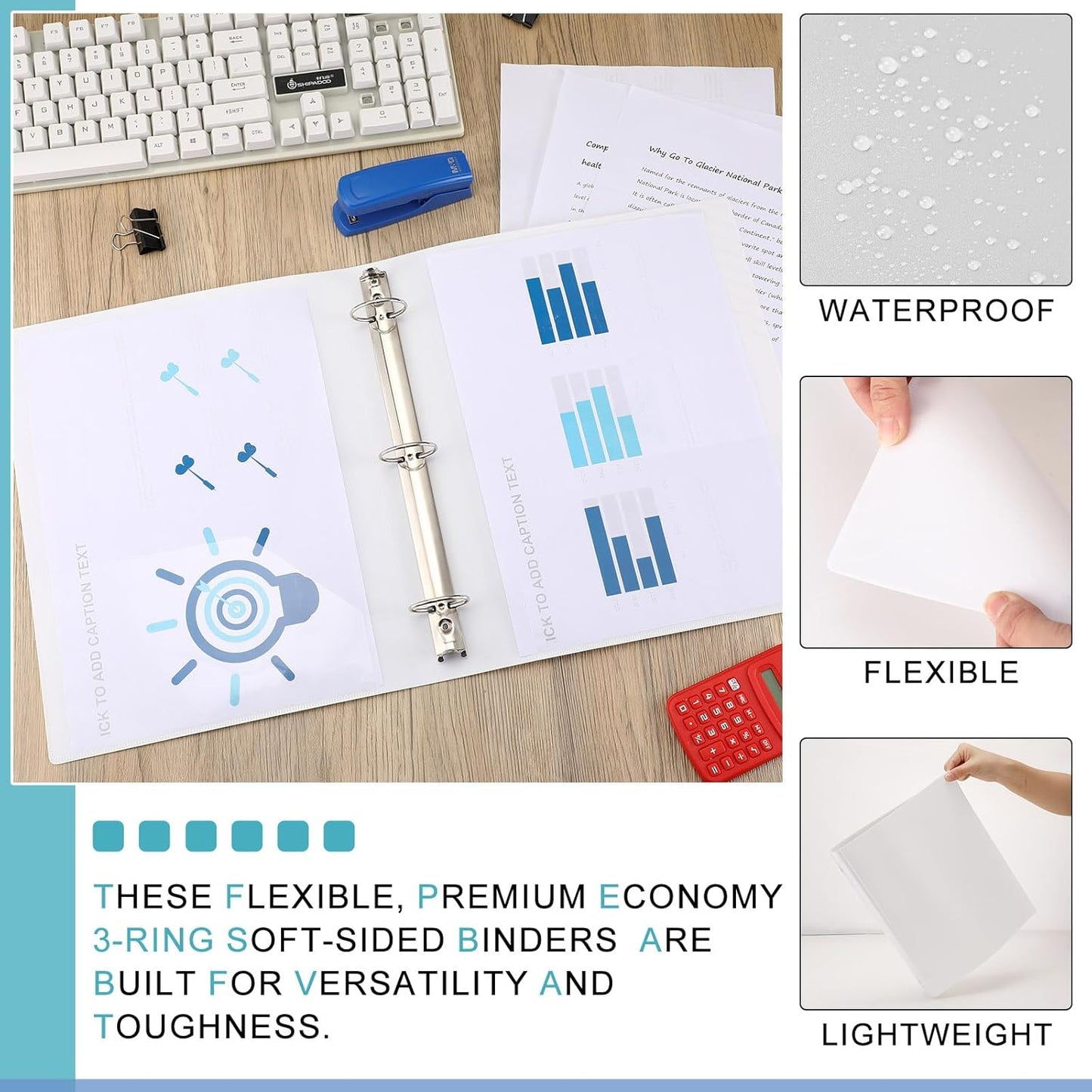 Fulmoon 12 Pcs Economy View 3 Ring Plastic Binder 12.2 x 9.8 Inch Plastic Round Ring Binders with Pockets Notebinder for Meetings for Home, Office, School(White, 1/2 Inch)