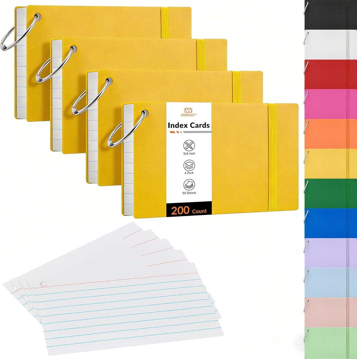 NEEWAY Ruled Index Cards with Ring 3x5 Inches, 200 Count Note Cards Lined, Flash Cards with Rings for Studying, Home and Office (Black)