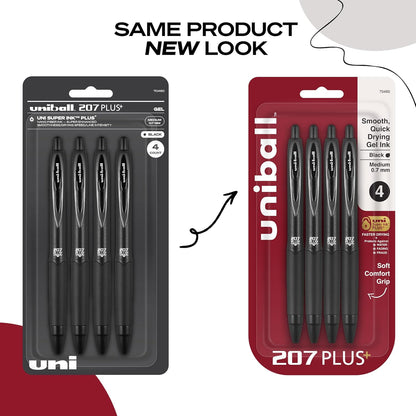uniball 207 Plus+ Retractable Gel Pens, Medium Point (0.7mm), Black, 4 Pack