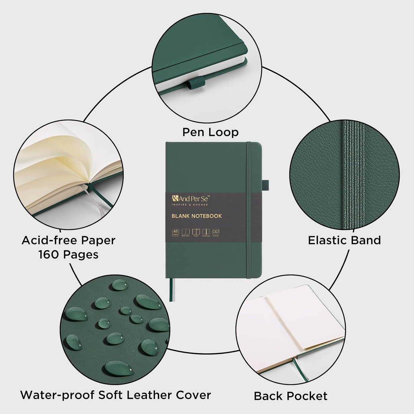 &And Per Se Lined Journal Notebook, 160 Pages, A5 5.7 x 8 inches College Ruled Thick Paper Notebook Journals for Writing, Hardcover Notebooks for Women Men Office School (1 Pack, Green) - Colors A