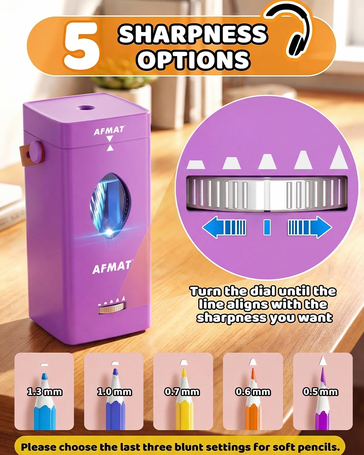 AFMAT Electric Pencil Sharpener, Rechargeable & Cordless, Fully Automatic Pencil Sharpener for Classroom, Auto in & Out, 5 Sharpness Modes, Heavy Duty Sharpeners for 6-12mm No.2/Jumbo Pencils PSC7