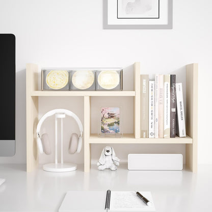 Jerry & Maggie Desktop Organizer Office Storage Rack Adjustable Wood Display Shelf Free Style Double H, Multi-Functional Mini Bookshelf for Desk Natural Stand (White)