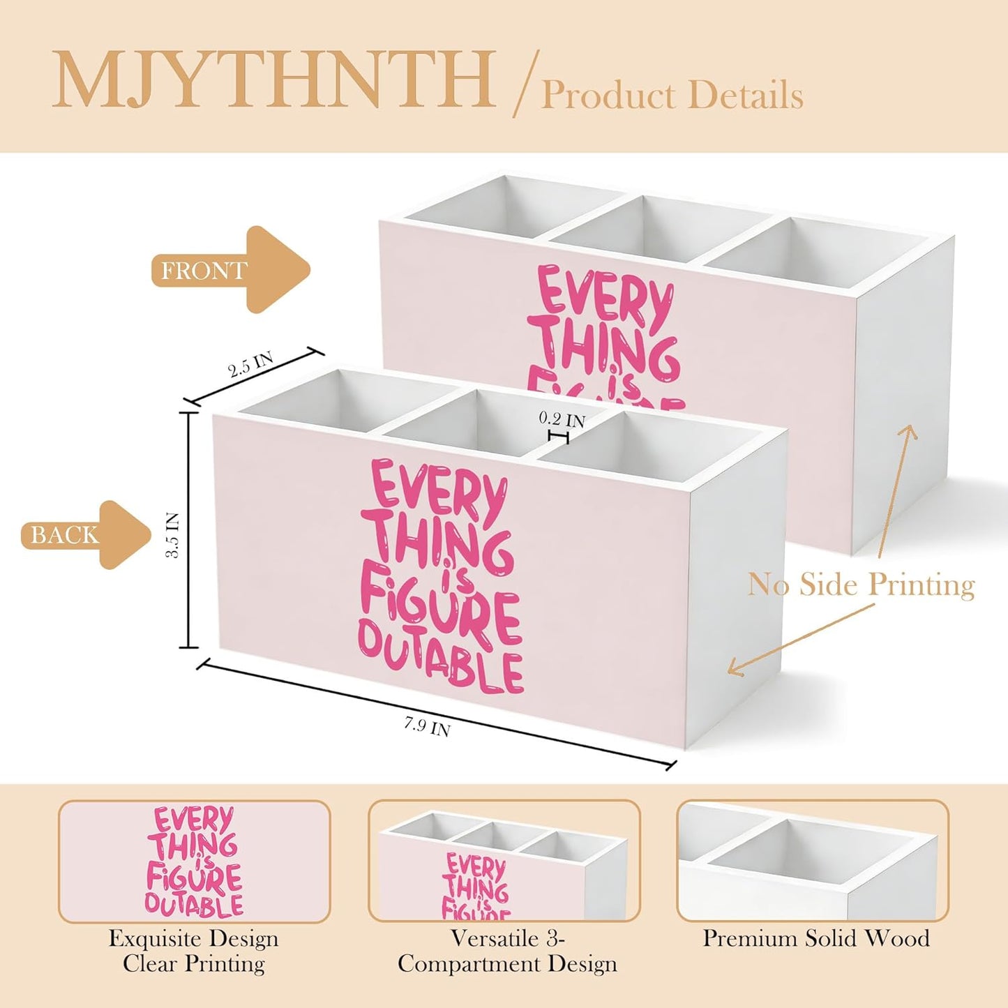 Don't Overthink It Inspirational Pencil Pen Holder for Desk, Pink Positive Affirmations Wooden Box Sign Pen Holder Organizer for Home Office School Desk Accessories