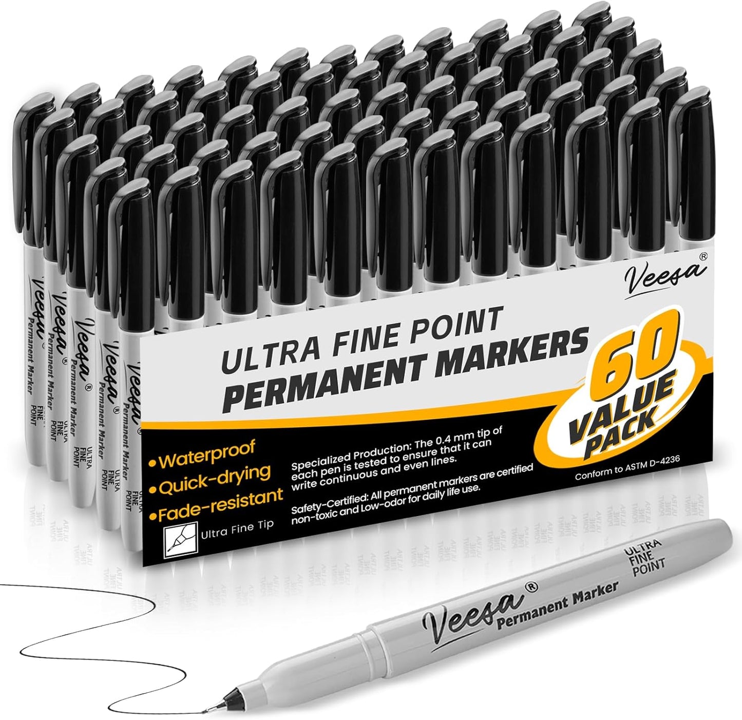 VEESA Permanent Markers, Ultra Fine Point, Black, 60 Count, 0.4mm Thin Permanent Markers Bulk, 1 Second Quick Drying, Waterproof, Fade-Resistant