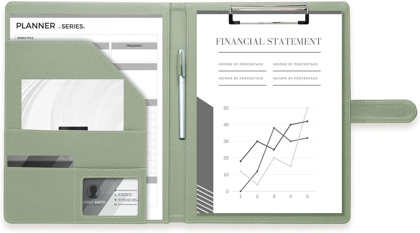 Clipboard Folder Padfolio A4, Mymazn Writing Portfolios Faux Leather Clipboards with Cover for Legal Pad Holder Letter Size 8.5 x 11 for Business Conference Notepad Clip Board (Gray Green)