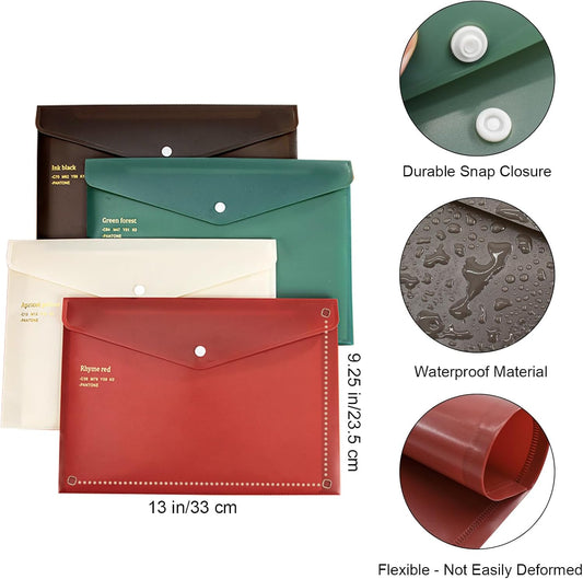 VANRA File Folders Letter Size 12 Pack Plastic File Envelopes with Snap Closure, A4 Filing Envelope Project Folder Holder File Pockets Jacket Document Letter Organizer (4 Colors)