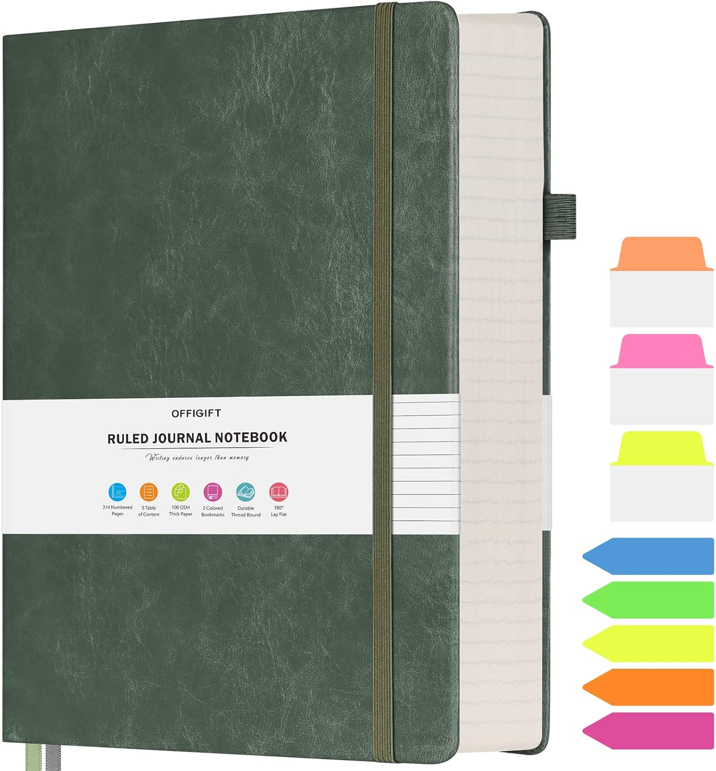 Lined Journal Notebook, Large A5 College Ruled Notebook, 312 Numbered Pages Work Notebook with Index Stickers, 100gsm Thick Paper, Hardcover Vegan Leather Journal for Women Men School Office, Black