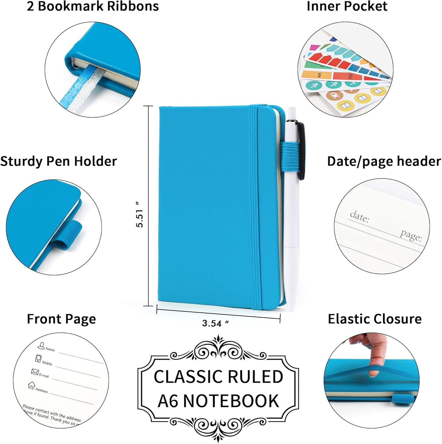 feela 3 Pack Pocket Notebook Journals with 3 Black Pens, A6 Mini Cute Small Journal Notebook Bulk Hardcover College Ruled Notepad with Pen Holder for Office School Supplies, 3.5”x 5.5”, Gray