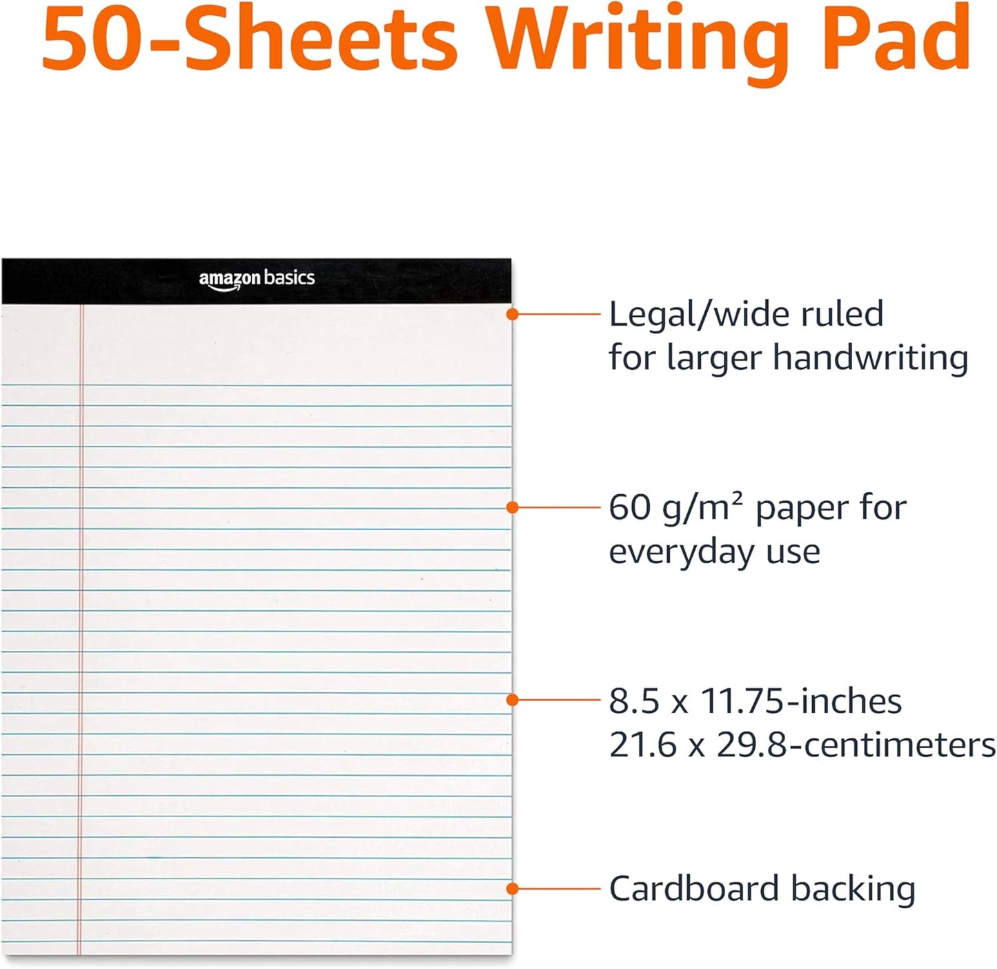 Amazon Basics Wide Ruled Lined Writing Note Pads with Sturdy Back, 8.5" x 11.75", Multicolor, 6-Pack, 300 Sheets, Perforated