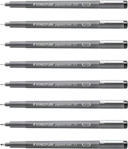 Staedtler Pigment Liner Pack, Black, 8 Pens, Assorted Line Widths, 0.05mm, 0.1mm, 0.2mm, 0.3mm, 0.5mm, 0.8mm, 1.0mm, 1.2mm