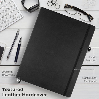 College Ruled Notebook, A4 Hardcover Leather Notebook for Work, Lined Notebook Journal for Women, Men, 192 Thick Paper, Lay Flat, Large Notebook with 2 Pockets, Professional Business Notebook, Black
