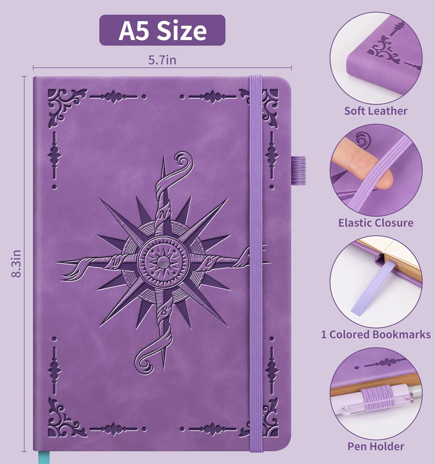 Lined Journal Notebook, A5 200 Pages Leather Journals For Writing Women & Men Travel,business,work & School,college Ruled Notebooks Hardcover Journaling Notebooks Daily Diary, 5.7'' X 8.3''-Purple