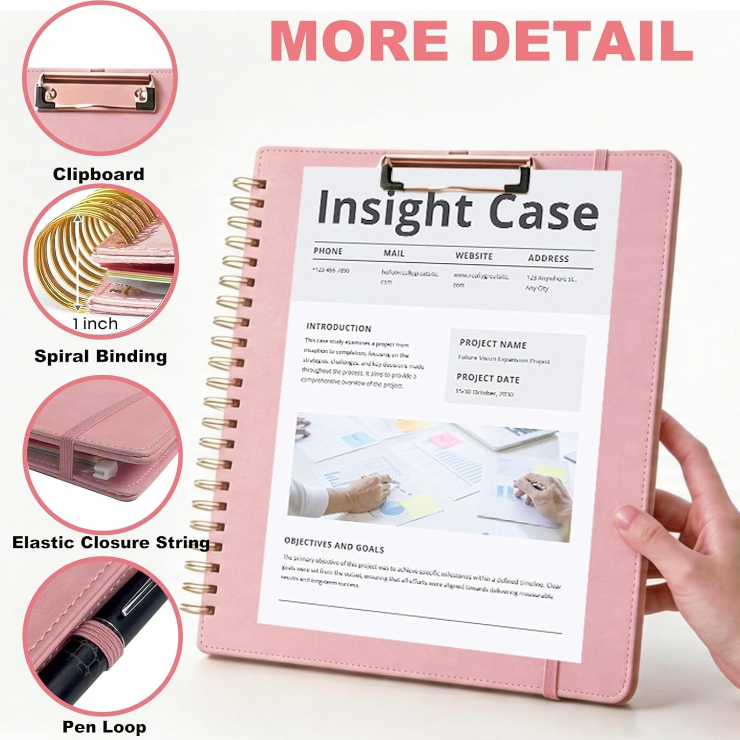 Grey Foldable Spiral Clipboard Folio with Storage Zipper Pouch, 5 Plastic Folders with Pockets,Refillable Lined Notepad (8.5" x 11"), Hardcover Project Organizer with 39 Stickers