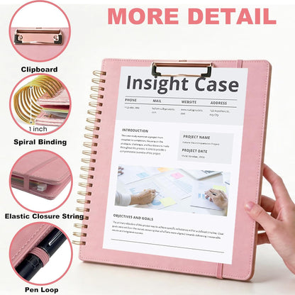 Grey Foldable Spiral Clipboard Folio with Storage Zipper Pouch, 5 Plastic Folders with Pockets,Refillable Lined Notepad (8.5" x 11"), Hardcover Project Organizer with 39 Stickers