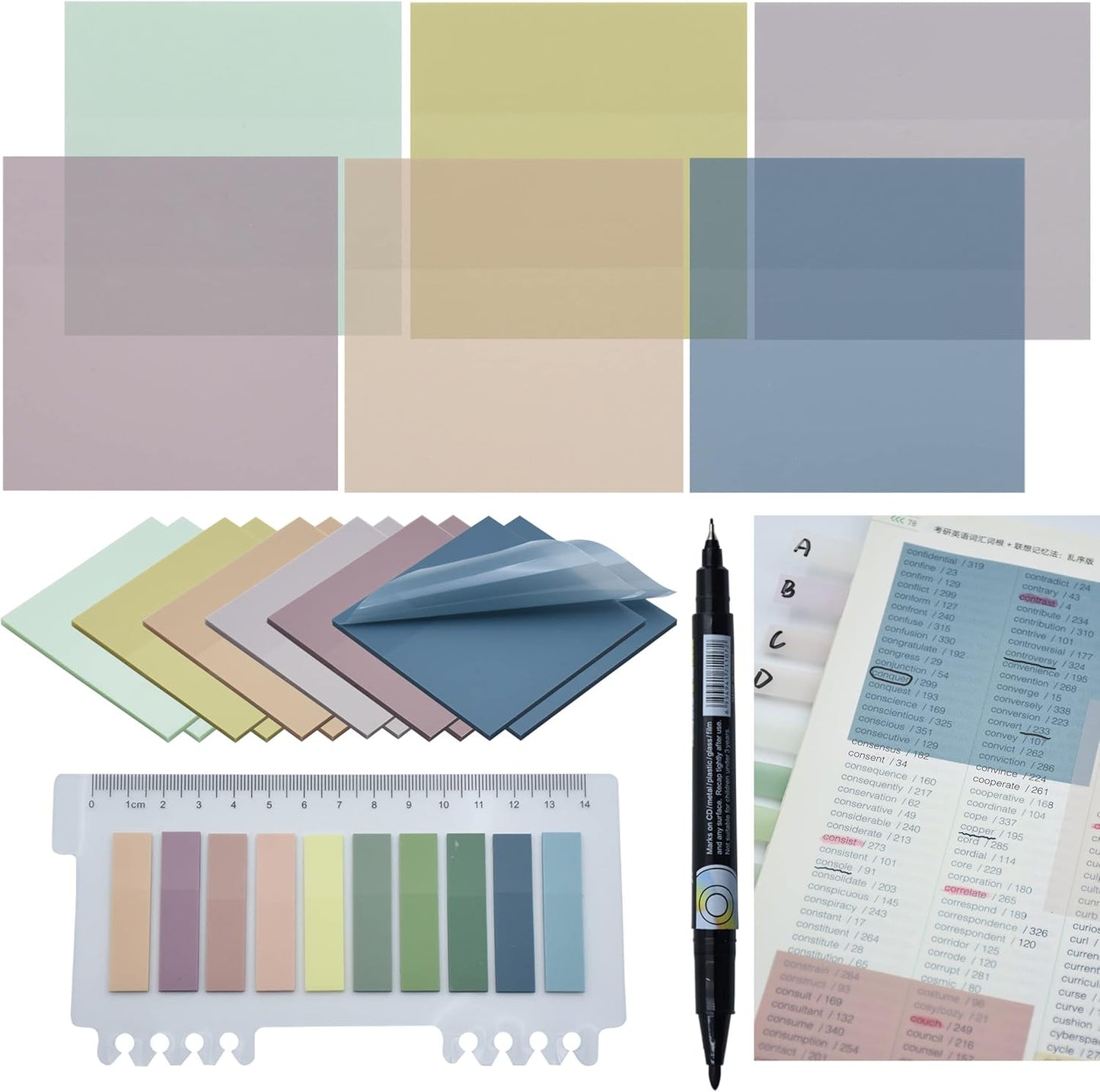 YOUDEFUL 1600pcs Translucent Sticky Note Tabs, Morandi Page Markers for Annotating Books,Repositionable Book Flags Tabs Strip with Binders, Clear Sticky Notes,Page Tabs,Index Tabs