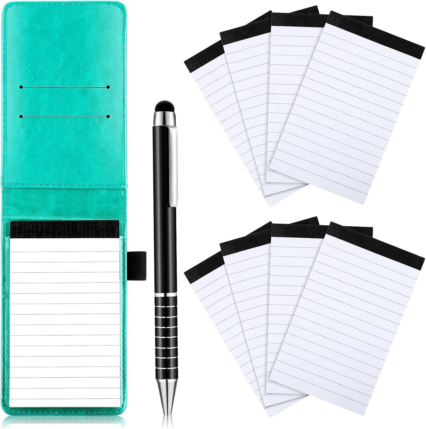 Outus 10 Pcs Mini Pocket Notepad Holder Set Included Small Leather Pocket Notebook Holder with 50 Lined Sheets, Metal Pen, 8 Pcs 3 x 5 Inch Memo Book Refills, 30 Lined Paper Per Note Pad (Black)