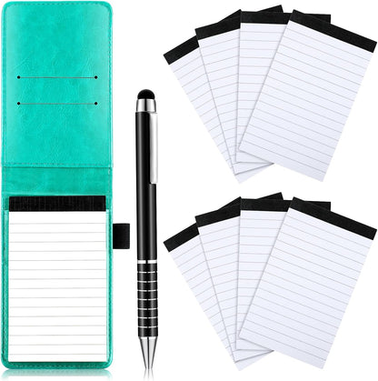 Outus 10 Pcs Mini Pocket Notepad Holder Set Included Small Leather Pocket Notebook Holder with 50 Lined Sheets, Metal Pen, 8 Pcs 3 x 5 Inch Memo Book Refills, 30 Lined Paper Per Note Pad (Black)