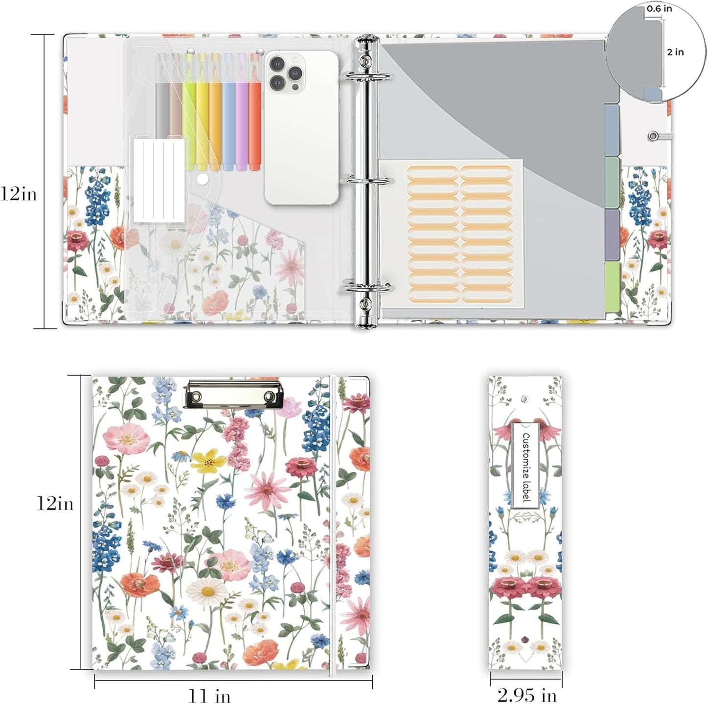 3 Ring Binder 1 Inch, Three Ring Binders Organizer with Clipboard, 5-Tabs Pockets Dividers, Plastic Folder, 18 Divider Stikers, BVSSX Pretty Binder with Pen Loop (Black Weeds, Letter Size)