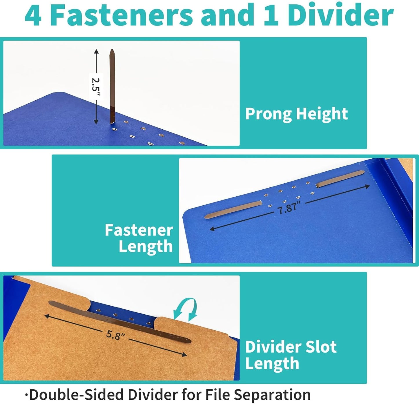 Binditek 10-Pack Pressboard Classification Folders, 1 Divider, Letter Size (8.5" x 11"), 2" Tyvek Expansions, 4 Embedded Top Fasteners (2-Prong Design), Navy