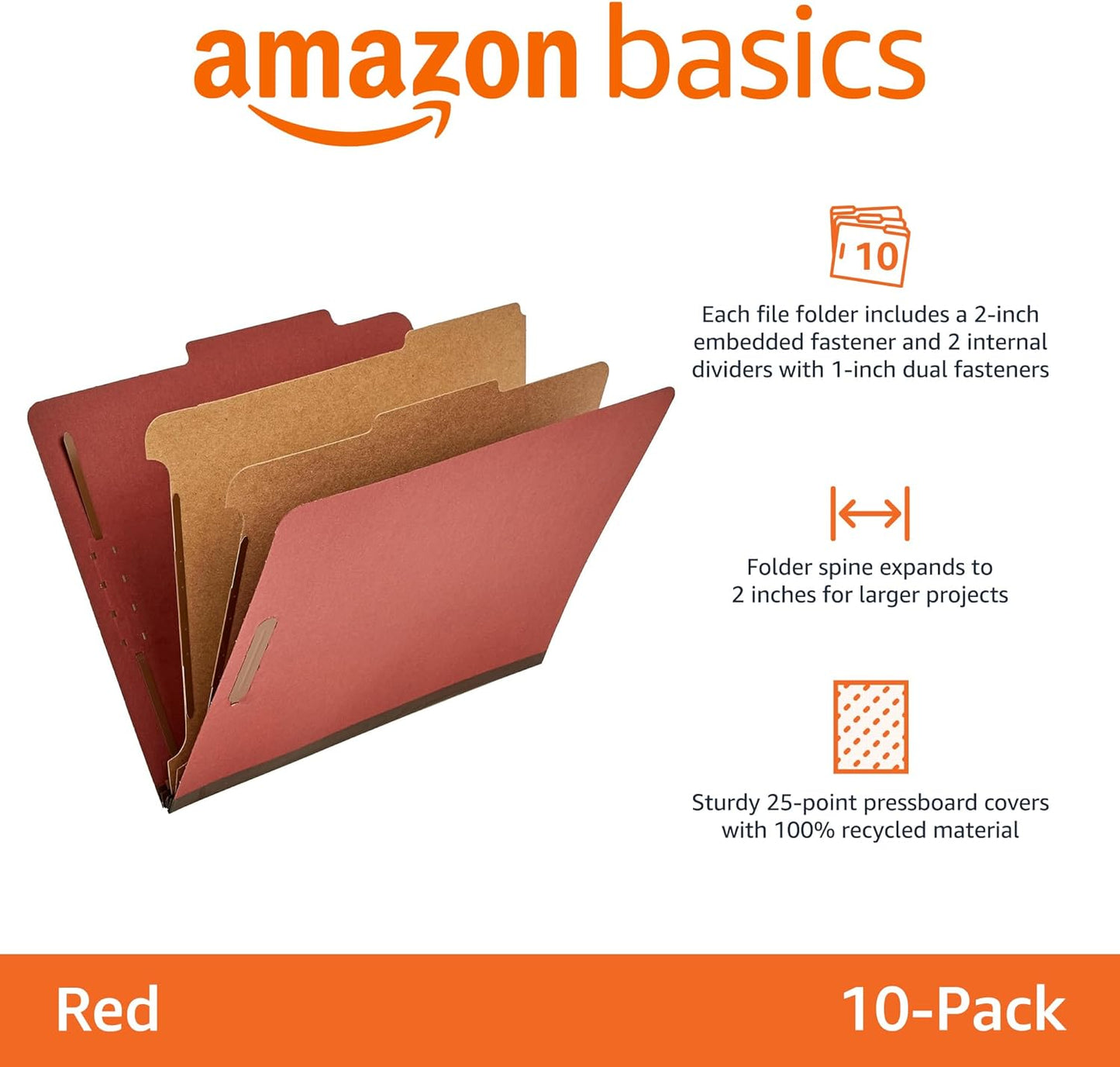 Amazon Basics Classification Folder with Prongs, 100% Recycled, 2 Dividers, 2" Embedded Fasteners, Letter Size, for Documents Organization, Light Blue, 10 Count