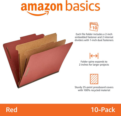 Amazon Basics Classification Folder with Prongs, 100% Recycled, 2 Dividers, 2" Embedded Fasteners, Letter Size, for Documents Organization, Light Blue, 10 Count