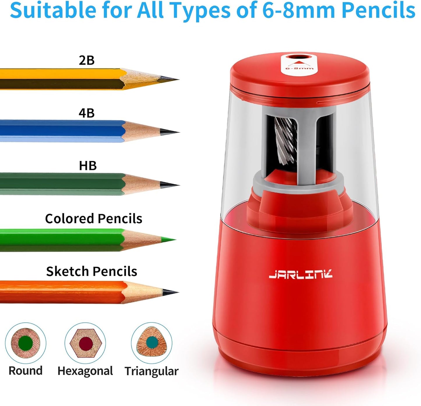 JARLINK Electric Pencil Sharpener, Heavy-Duty Helical Blade to Fast Sharpen, Auto Stop for No.2/Colored Pencils(6-8mm), AC Adapter/Battery Operated in School Classroom/Office/Home (Black)