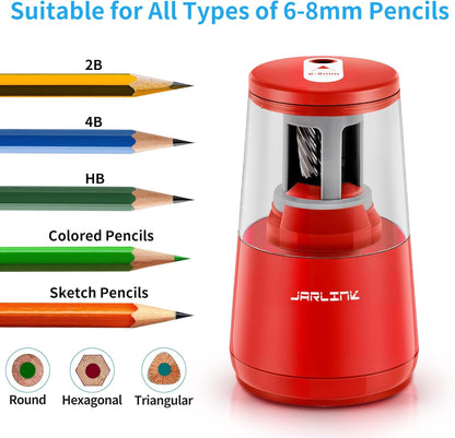 JARLINK Electric Pencil Sharpener, Heavy-Duty Helical Blade to Fast Sharpen, Auto Stop for No.2/Colored Pencils(6-8mm), AC Adapter/Battery Operated in School Classroom/Office/Home (Black)