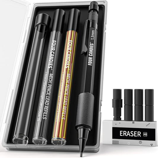 Four Candies 3PCS 1.3mm Mechanical Pencil Set with Case, Metal Heavy Duty Carpenter Pencils with 72 Refill(Red,Black,Yellow) 3Eraser, 16Eraser Refill, Weatherproof Body Outdoor Woodworking Marking