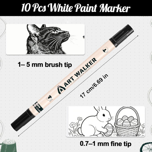 Thboxes 10 Pack White Paint Markers, Dual-Tip Acrylic Paint Pen Fine Tip and Brush Tip Markers for Fabric Wood Metal Rock Glass Plastic Canvas School Supplies Art Supplies