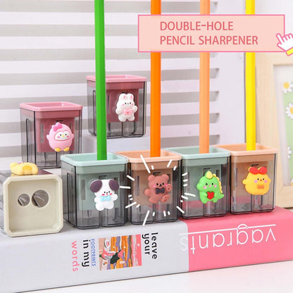 2 Pieces Creative Cute Cartoon Double-Hole Pencil Sharpener 2pcs Creative Cute Cartoon Double Hole Pencil Sharpener, Student Hand Pencil Sharpener, Green Dinosaur + White Rabbit (2)