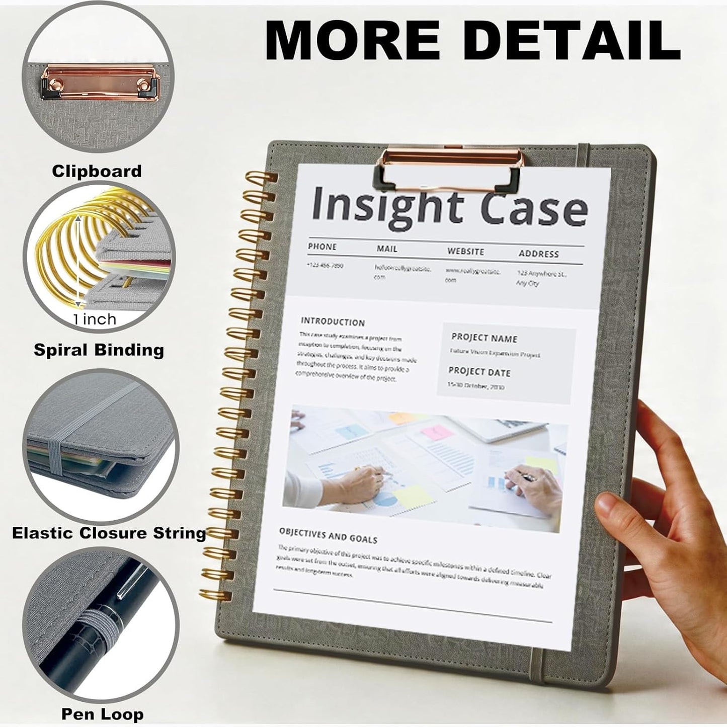 Grey Foldable Spiral Clipboard Folio with Storage Zipper Pouch, 5 Plastic Folders with Pockets,Refillable Lined Notepad (8.5" x 11"), Hardcover Project Organizer with 39 Stickers